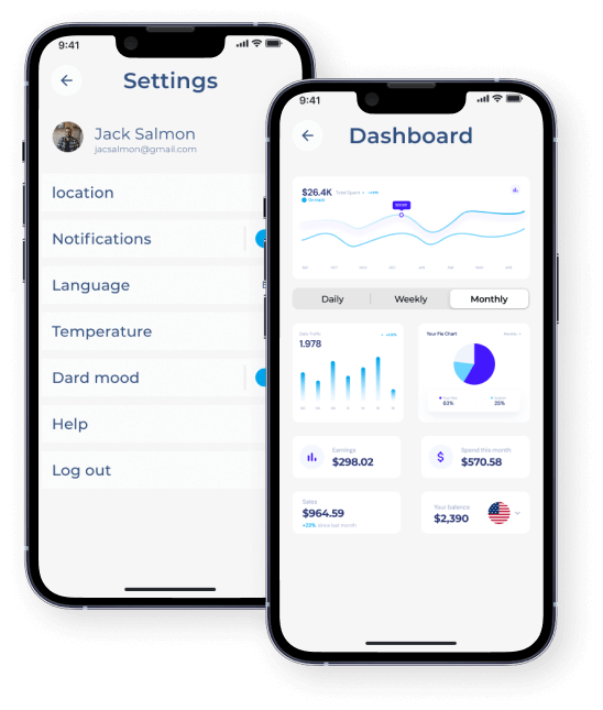 Social network: settings and dashboard smartphone interface